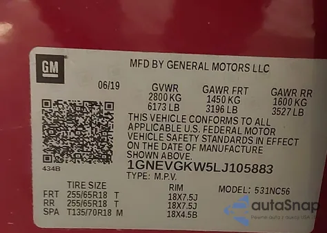 2020 Chevrolet Traverse Awd Lt Cloth из США, поврежденный, VIN 1GNEVGKW5LJ105883